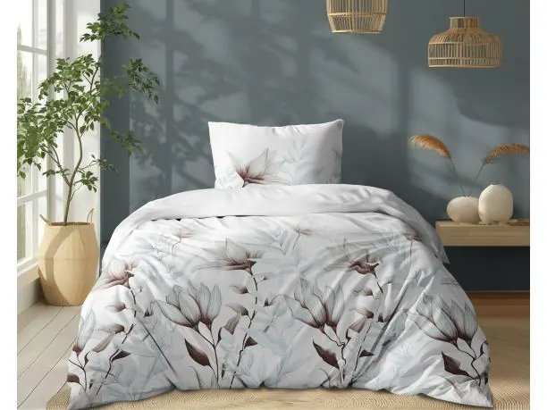 Pościel z bawełny 140x200 +1/70x80 beżowo zielone kwiaty wz. 5494 b