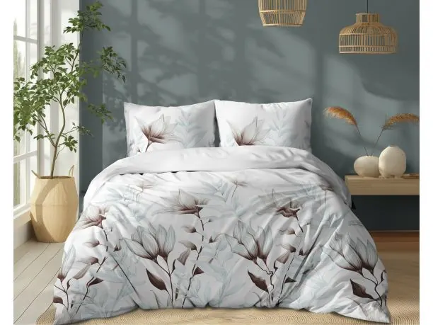 Pościel z bawełny 160x200 +2/70x80 beżowo zielone kwiaty wz. 5494 b