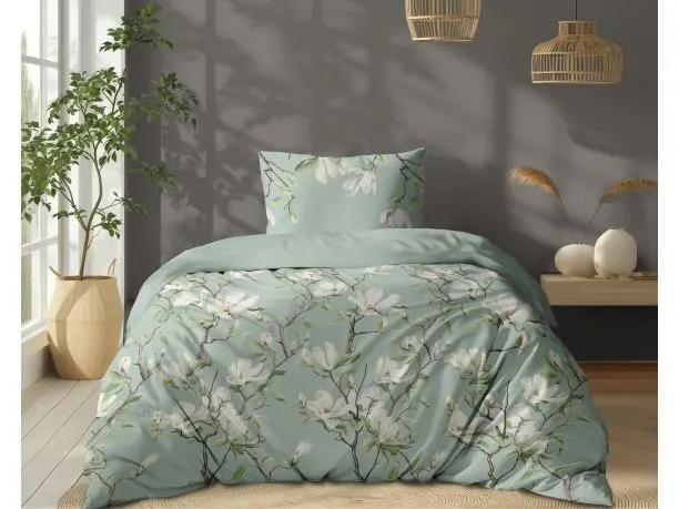 Pościel z bawełny 140x200 +1/70x80 magnolie na miętowym tle wz. 5497 a