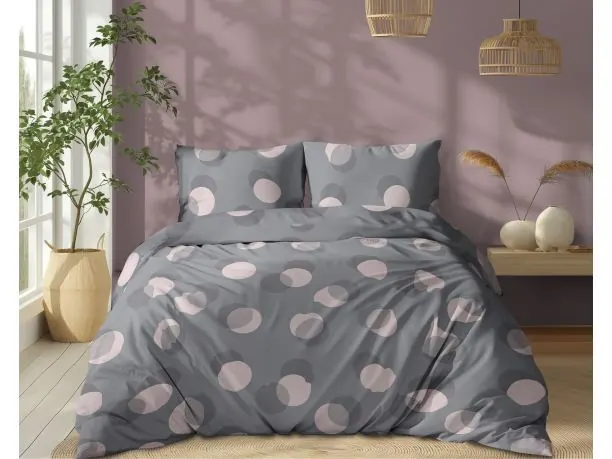 Pościel z bawełny 160x200 +2/70x80 szaro różowe kółka wz. 5495 b
