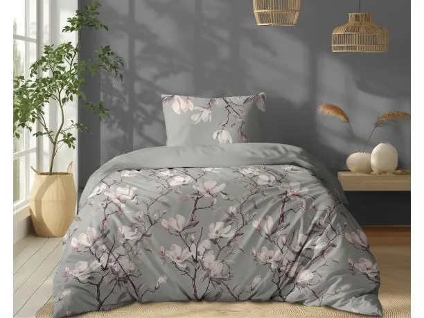 Pościel z bawełny 140x200 +1/70x80 magnolie na szarym tle wz. 5497 b