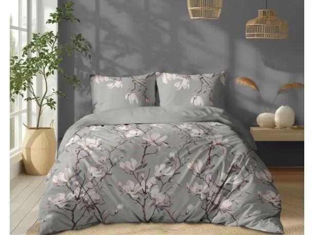 Pościel z bawełny 160x200 +2/70x80 magnolie na szarym tle wz. 5497 b