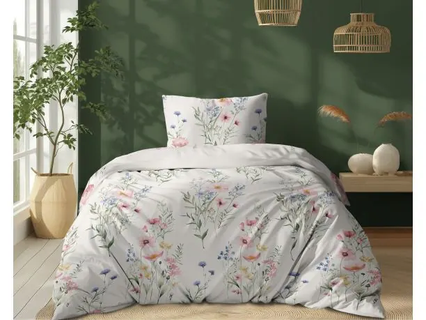 Pościel z bawełny 140x200 +1/70x80 pastelowa łąka na jasnym tle wz. 5499 a