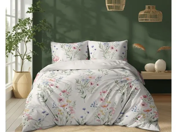 Pościel z bawełny 160x200 +2/70x80 pastelowa łąka na jasnym tle wz. 5499 a