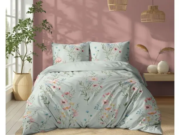 Pościel z bawełny 160x200 +2/70x80 pastelowa łąka na miętowym tle wz. 5499 b