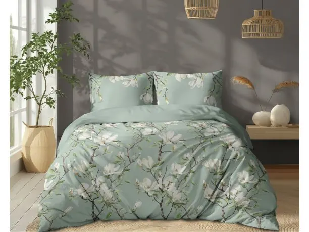 Pościel z bawełny 220x200 +2/70x80 magnolie na miętowym tle wz. 5497 a