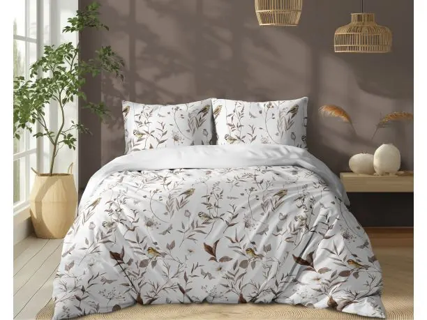 Pościel z bawełny 220x200 +2/70x80 poranny śpiew biało beżowa wz. 5500 b