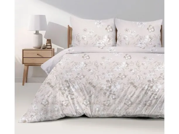 Pościel bawełniana Bielbaw 160x200 Linen – naturalne kwiaty, beżowo-białe odcienie
