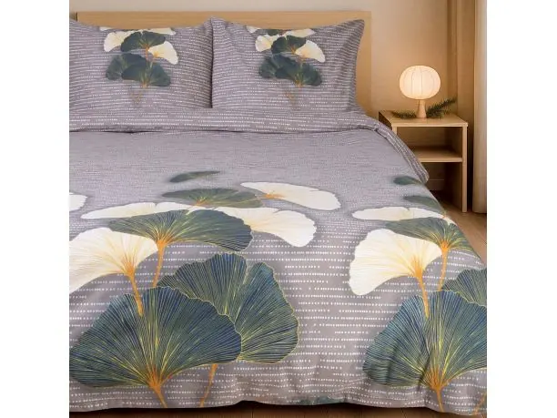 Pościel flanelowa 160x200 – ciepła na zimę - nowoczesny motyw liści miłorzębu, przytulna i elegancka ciemno szara