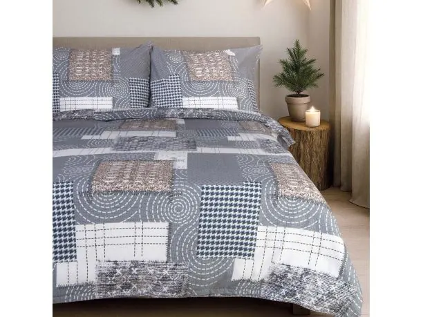 Pościel z flaneli 160x200 – geometryczny wzór w odcieniach szarości, ciepła i nowoczesna