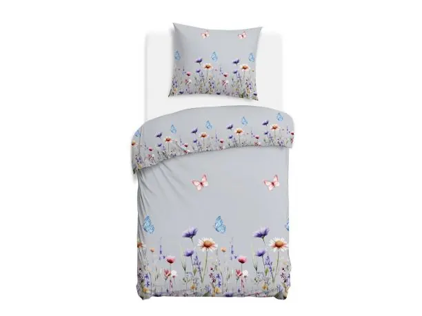 Pościel flanelowa 140x200 ciepła na zimę – wzór łąka, drobne kwiatki na szarym tle, miękka i przytulna