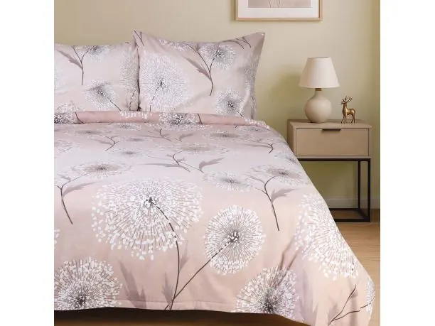 Pościel flanelowa 160x200 – beżowe tło z białymi dmuchawcami, ciepła i miękka idalna na zimę