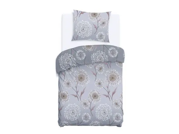 Pościel flanelowa 140x200 na zimę – białe dmuchawce na szarym tle, stylowa i wygodna