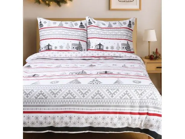 Pościel flanelowa 180x200 na zimę – świąteczne gwiazdki i choinki, białe tło