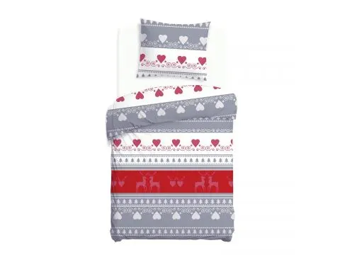 Ciepła pościel flanelowa 140x200 + 70x80 – świąteczna biało-szara z reniferami i choinkami