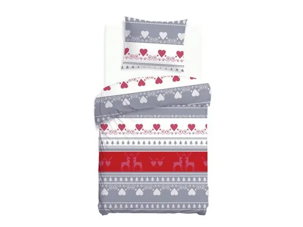 Ciepła pościel flanelowa 140x200 + 70x80 – świąteczna biało-szara z reniferami i choinkami