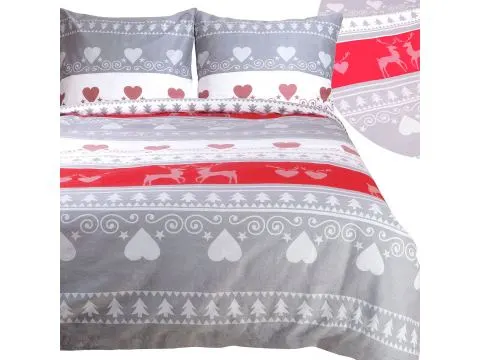 Pościel świąteczna flanela 180x200 – biało-szara z czerwonym, renifery i serduszka