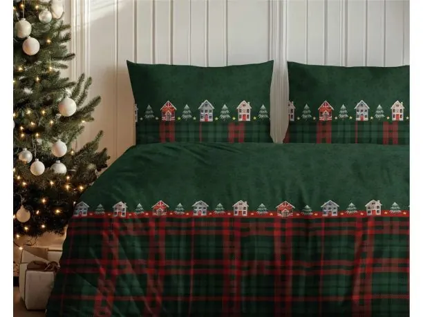 Pościel flanelowa 160x200 – świąteczne domki na zielono czerwonej kratce