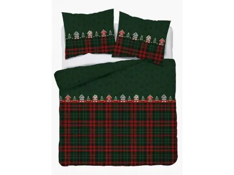 Pościel flanelowa 220x200 – świąteczne domki na zielono czerwonej kratce