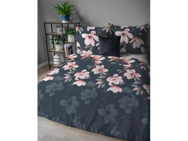 Pościel flanelowa 160x200 – różowe magnolie na ciemnym tle