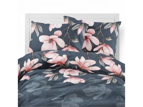Pościel flanelowa 220x200 – różowe magnolie na ciemnym tle Pościel flanelowa 220x200 – różowe magnolie na ciemnym tle