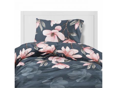 Pościel flanelowa 140x200 – różowe magnolie na ciemnym tle Pościel flanelowa 140x200 – różowe magnolie na ciemnym tle