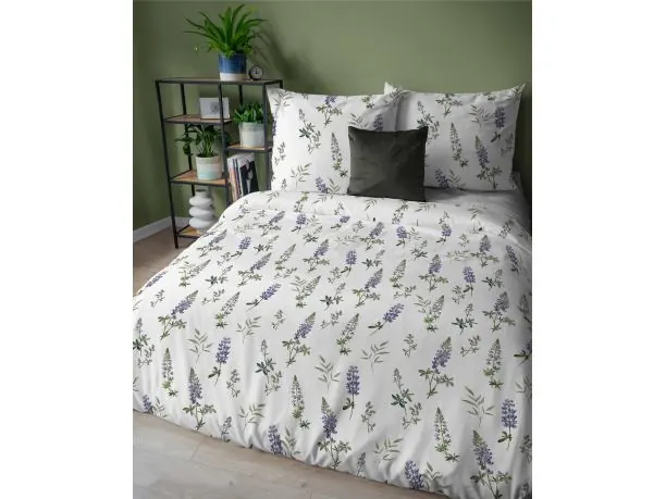 Pościel flanelowa 160x200 – fioletowy łubin na białym tle