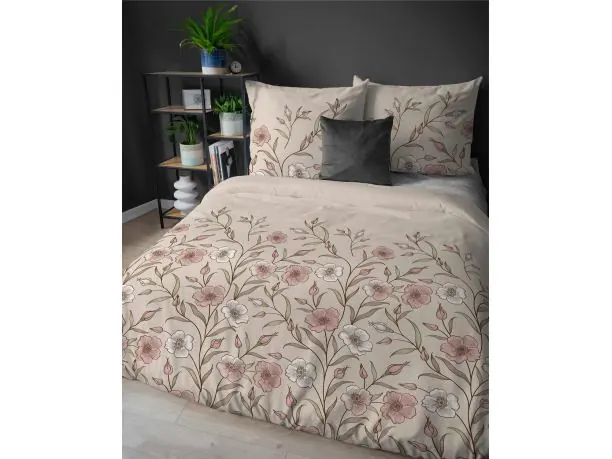 Pościel flanelowa 160x200 – biało-pudrowe kwiatki na beżowym tle
