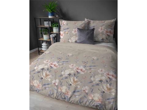 Pościel flanelowa 160x200 – duże pastelowe kwiaty na szarym tle Pościel flanelowa 160x200 – duże pastelowe kwiaty na szarym tle