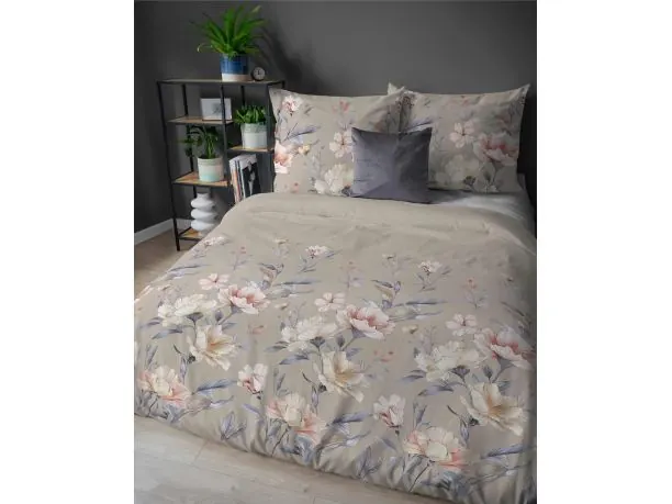 Pościel flanelowa 220x200 – duże pastelowe kwiaty na szarym tle