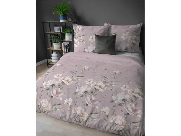 Pościel flanelowa 160x200 – duże jasno kremowe kwiaty na wrzosowym tle