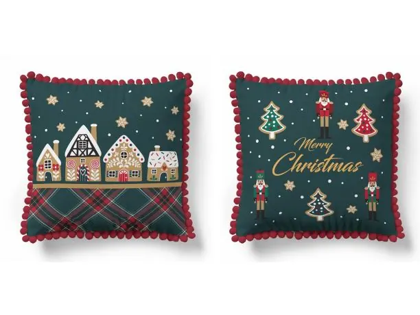 Poszewka świąteczna 45x45 cm Panama – Merry Christmas, domki, gwiazdki