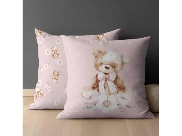 Poszewka bawełniana 40x40 beżowy misio na różowym tle dla dzieci