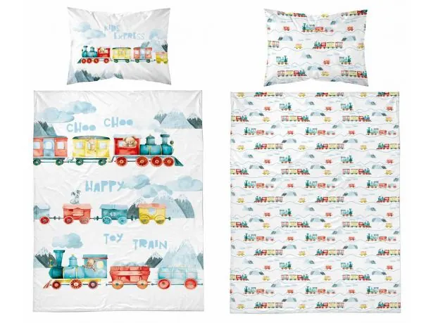 Pościel z bawełny 100x135 + 40x60 turkusowa kolejka dla dzieci do łóżeczka 5507 b