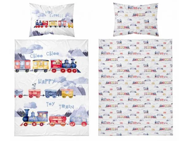 Pościel z bawełny 90x120 + 40x60 niebieska kolejka dla dzieci do łóżeczka 5507 a