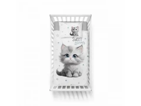 Pościel z bawełny 90x120 + 40x60 szary kotek, turkusowe gwiazdki dla dzieci do łóżeczka 5518 a Pościel z bawełny 90x120 + 40x60 szary kotek, turkusowe gwiazdki dla dzieci do łóżeczka 5518 a