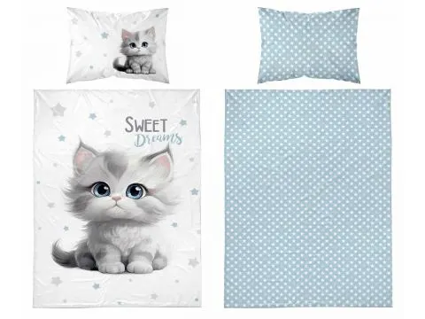 Pościel z bawełny 90x120 + 40x60 szary kotek, turkusowe gwiazdki dla dzieci do łóżeczka 5518 a Pościel z bawełny 90x120 + 40x60 szary kotek, turkusowe gwiazdki dla dzieci do łóżeczka 5518 a