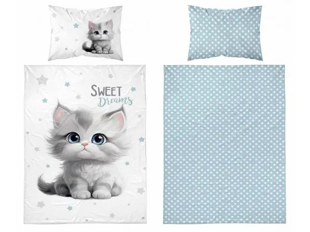 Pościel z bawełny 90x120 + 40x60 szary kotek, turkusowe gwiazdki dla dzieci do łóżeczka 5518 a