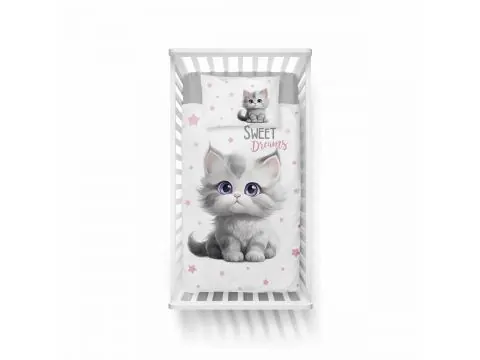 Pościel dziecięca bawełniana 90x120 + 40x60 do łóżeczka – szary kotek, morelowe gwiazdki