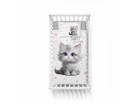 Pościel z bawełny 90x120 + 40x60 szary kotek, morelowe gwiazdki dla dzieci do łóżeczka 5518 b Pościel z bawełny 90x120 + 40x60 szary kotek, morelowe gwiazdki dla dzieci do łóżeczka 5518 b