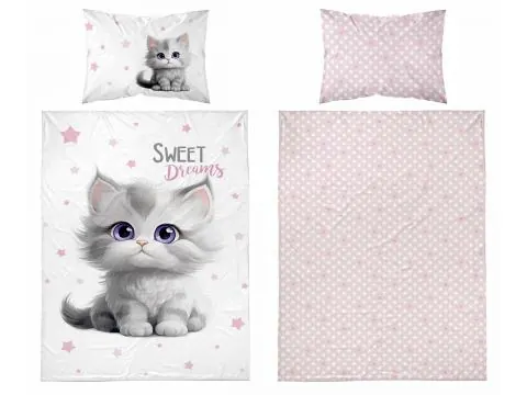 Pościel dziecięca bawełniana 90x120 + 40x60 do łóżeczka – szary kotek, morelowe gwiazdki