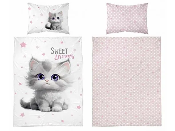 Pościel z bawełny 90x120 + 40x60 szary kotek, morelowe gwiazdki dla dzieci do łóżeczka 5518 b