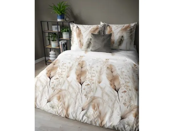 Pościel satynowa 160x200 beżowe piórka na białym tle 5541a