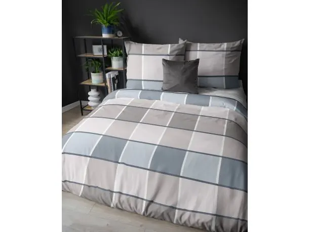 Pościel satynowa 160x200 niebiesko beżowa krata 5544 b