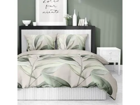 Pościel satynowa 220x200 zielone listki na beżowym tle 5057 c Pościel satynowa 220x200 zielone listki na beżowym tle 5057 c