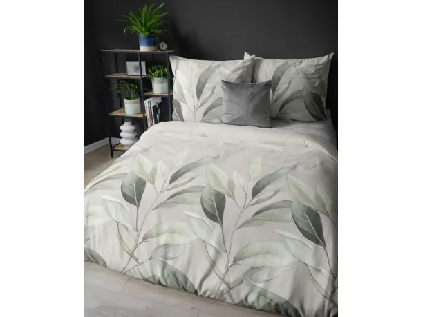 Pościel satynowa 220x200 zielone listki na beżowym tle 5057 c