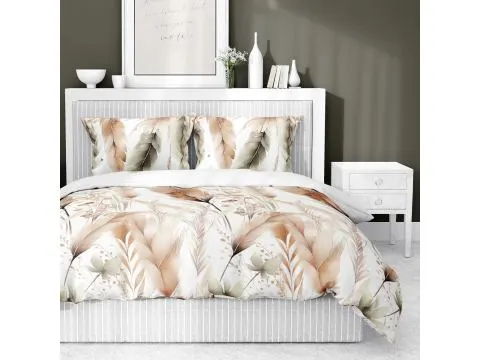 Pościel satynowa 220x200 beżowe piórka na białym tle 5541a Pościel satynowa 220x200 beżowe piórka na białym tle 5541a