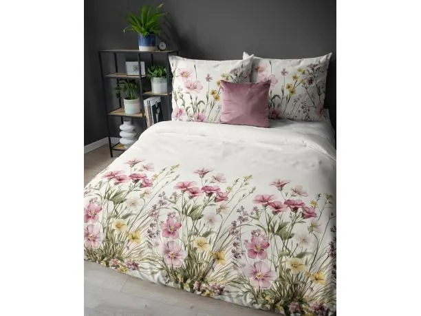 Pościel satynowa 220x200 kolorowe bratki na jasnym tle 5537 a