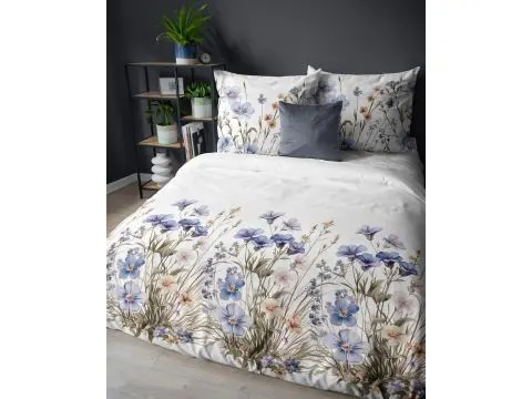 Pościel satynowa 220x200 niebieskie bratki na jasnym tle 5537 b Pościel satynowa 220x200 niebieskie bratki na jasnym tle 5537 b