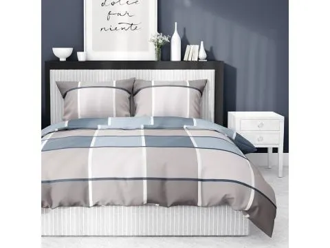 Pościel satynowa 220x200 niebiesko beżowa krata 5544 b Pościel satynowa 220x200 niebiesko beżowa krata 5544 b